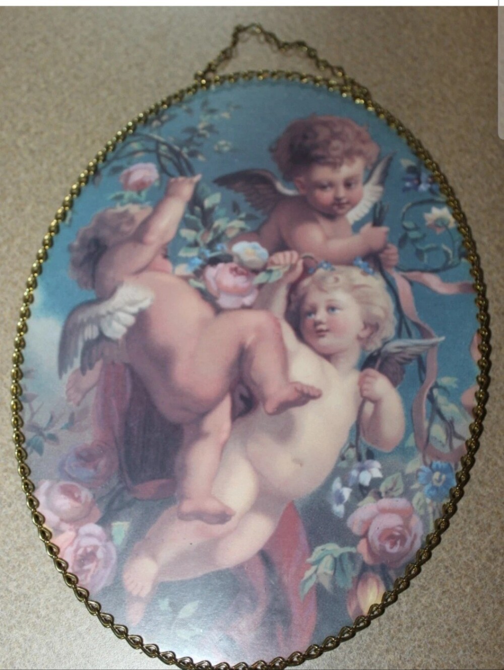 Vintage Framed Oval Cherub Angel Window Wall Hanging Picture Home Decor GUC